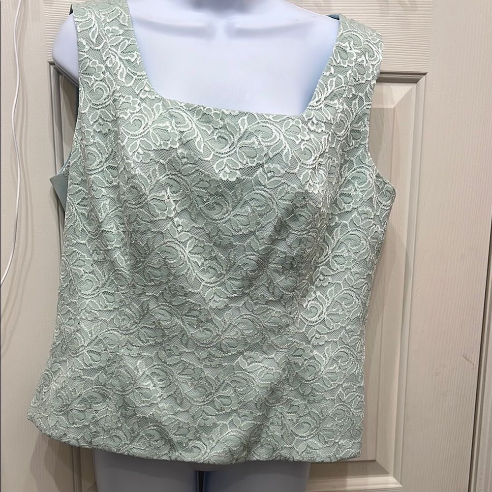 Bahari Mint Green Fitted Tank Top Blouse Sz 12 Scoop Neck Sleeveless Floral Lace